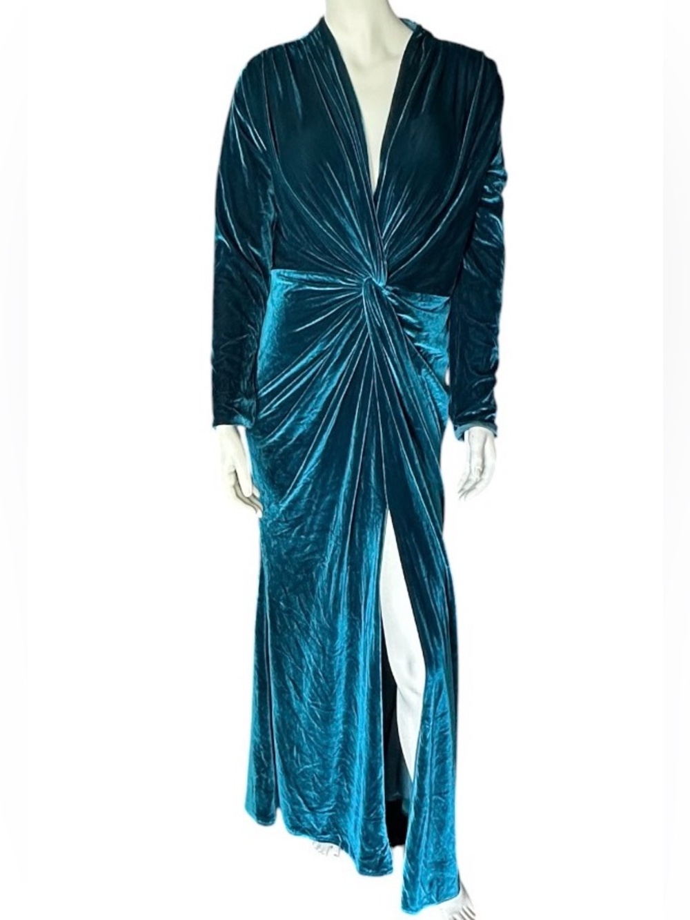Weinaze Stretch Velvet Knotted Waist Thigh High Slit Teal Size 12 NWT